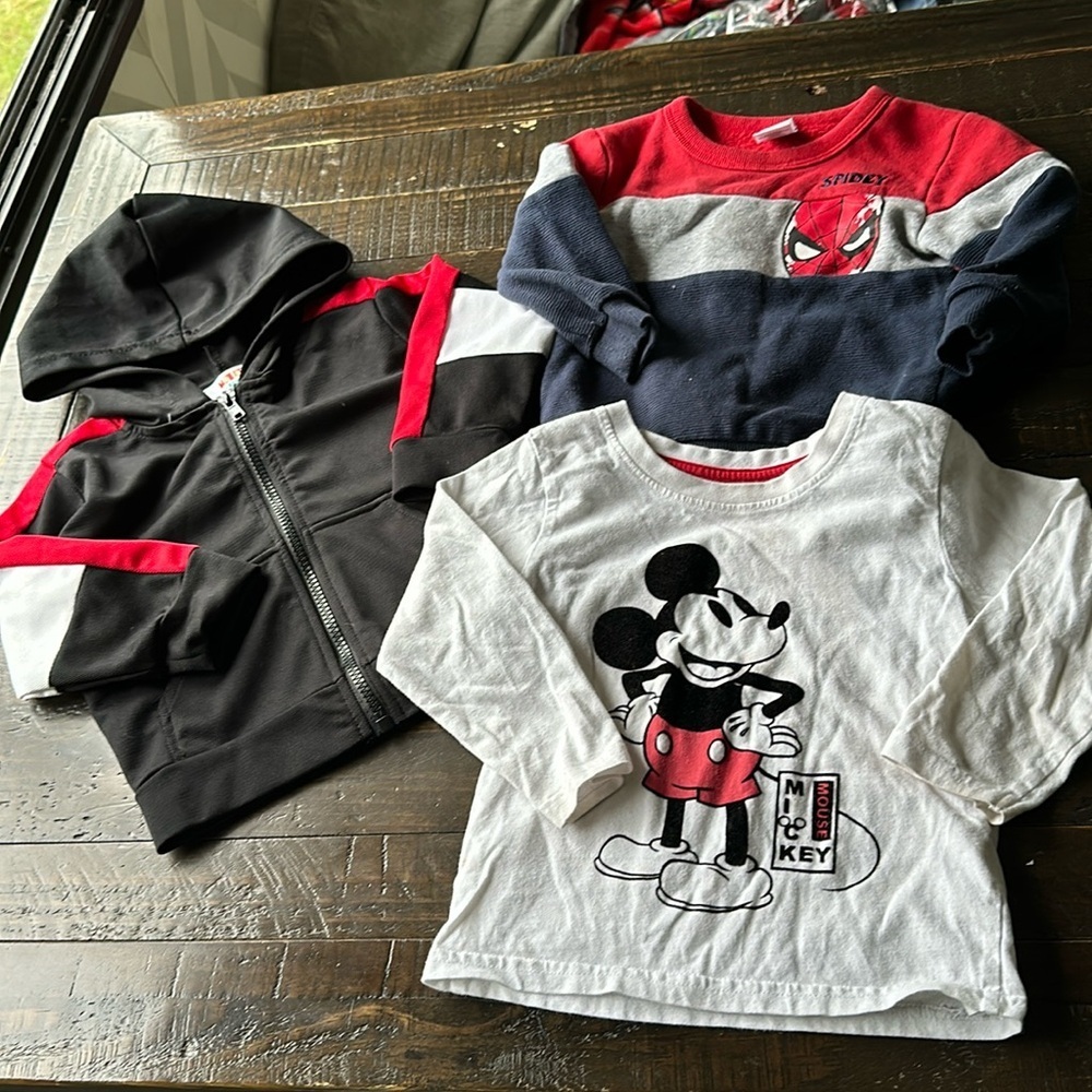 18m baby boy lot monkey bars, Disney, and marvel tops and zip up sweater
